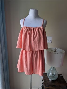 Spaghetti Strap Coral Mini Romper with Ruffle Layer